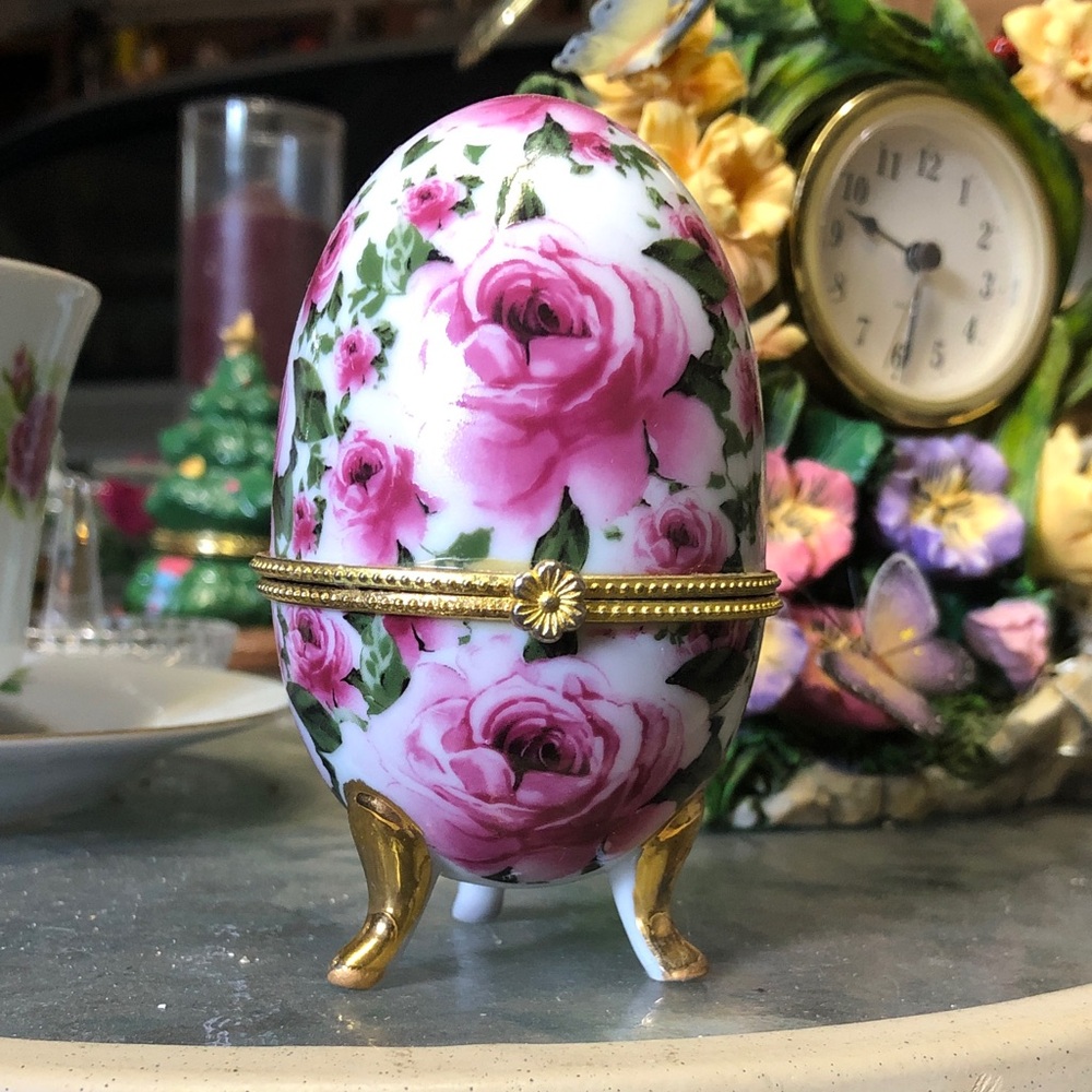 Floral Egg Trinket Box with Gold Accents